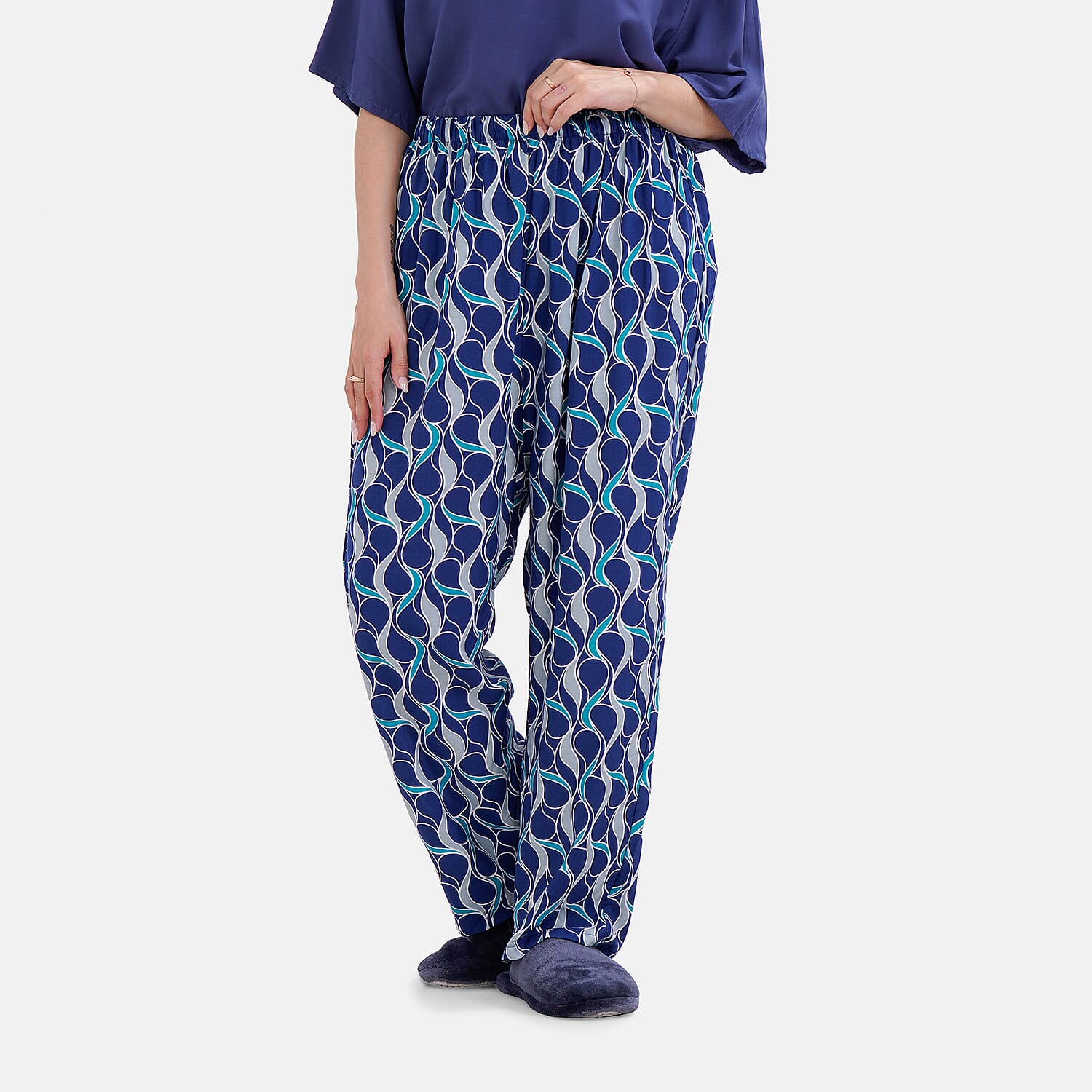 LA MAREY Loungewear Sets (Short Sleeves Top with Printed Trousers) - Dark Blue (Size S)