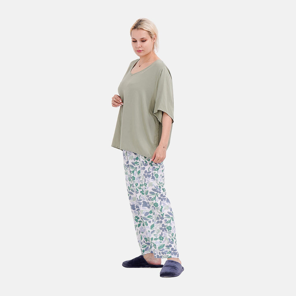 LA MAREY Loungewear Sets (Short Sleeves Top with Printed Trousers)  - Green (Size M)