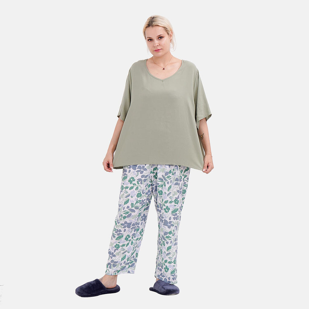 New Launch LA MAREY Loungewear Sets (Short Sleeves Top with Printed Trousers)  - Green (Size S)