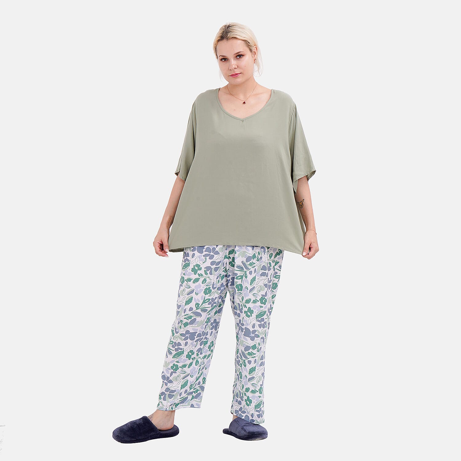 New Launch LA MAREY Loungewear Sets (Short Sleeves Top with Printed Trousers)  - Green (Size S)