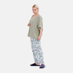 New Launch LA MAREY Loungewear Sets (Short Sleeves Top with Printed Trousers)  - Green (Size S)