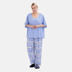 LA MAREY 100% Viscose Loungewear Sets (Short Sleeves Top with Irregular Pattern Trousers) - Light Blue (Size L)