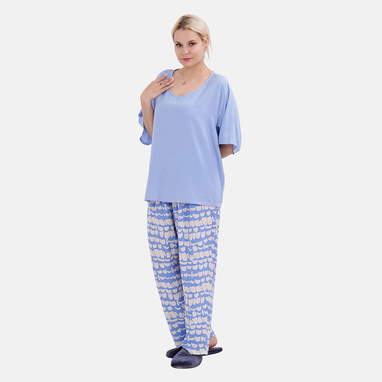 LA MAREY 100% Viscose Loungewear Sets (Short Sleeves Top with Irregular Pattern Trousers) - Light Blue (Size L)
