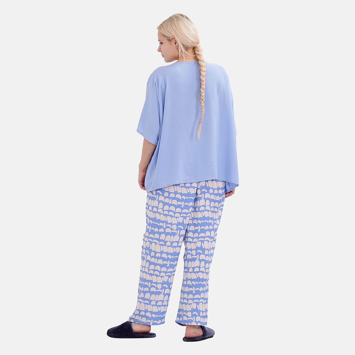 LA MAREY 100% Viscose Loungewear Sets (Short Sleeves Top with Irregular Pattern Trousers) - Light Blue (Size XL)