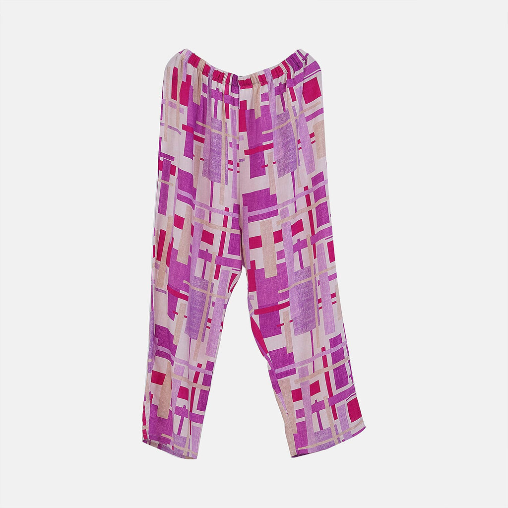 LA MAREY 100% Viscose Loungewear Sets (Short Sleeves Top with Patchwork Printed Trousers) - Purple - Multi (Size L)