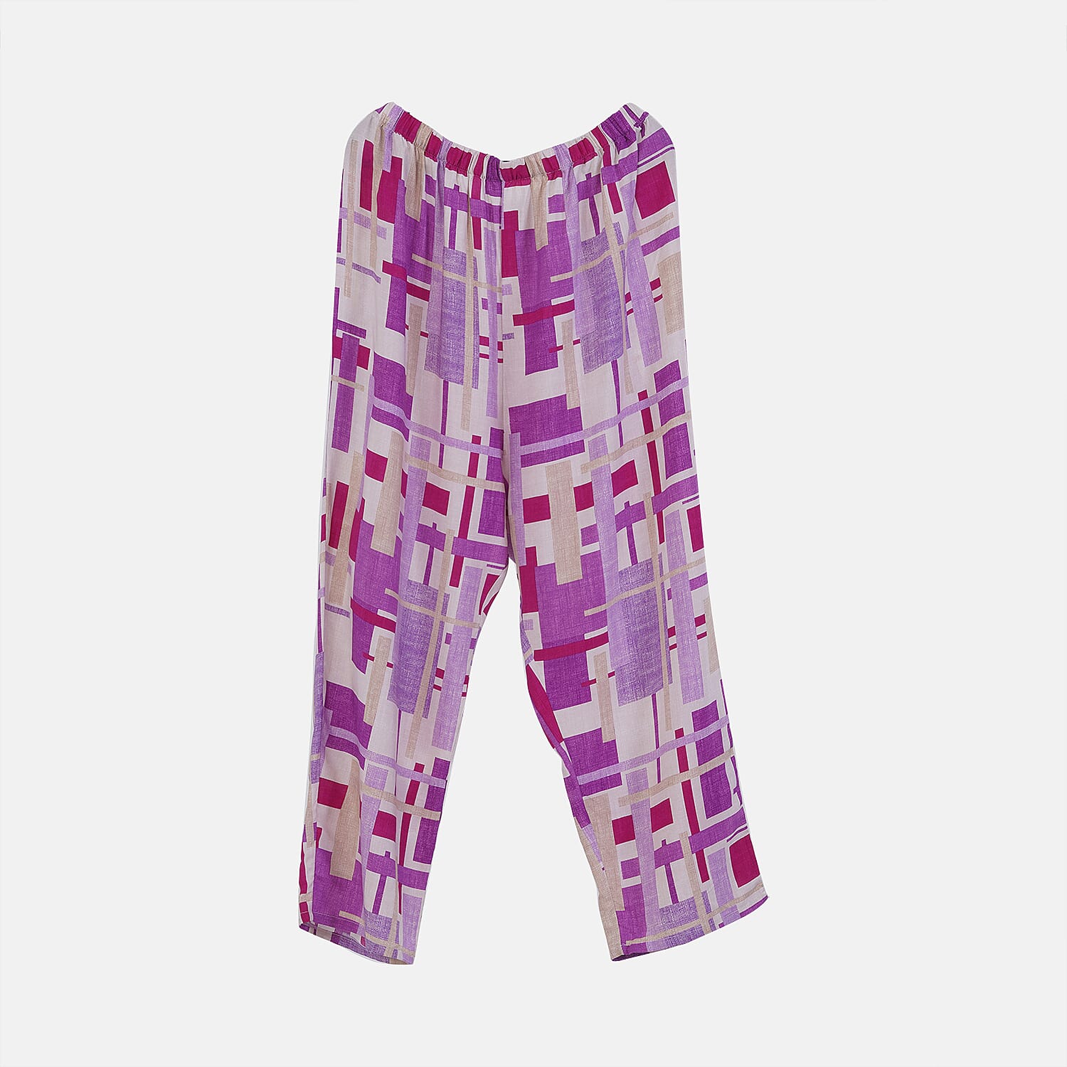 LA MAREY 100% Viscose Loungewear Sets (Short Sleeves Top with Patchwork Printed Trousers) - Purple - Multi (Size L)