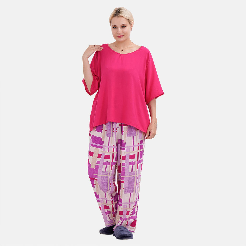 LA MAREY 100% Viscose Loungewear Sets (Short Sleeves Top with Patchwork Printed Trousers) - Purple - Multi (Size S)
