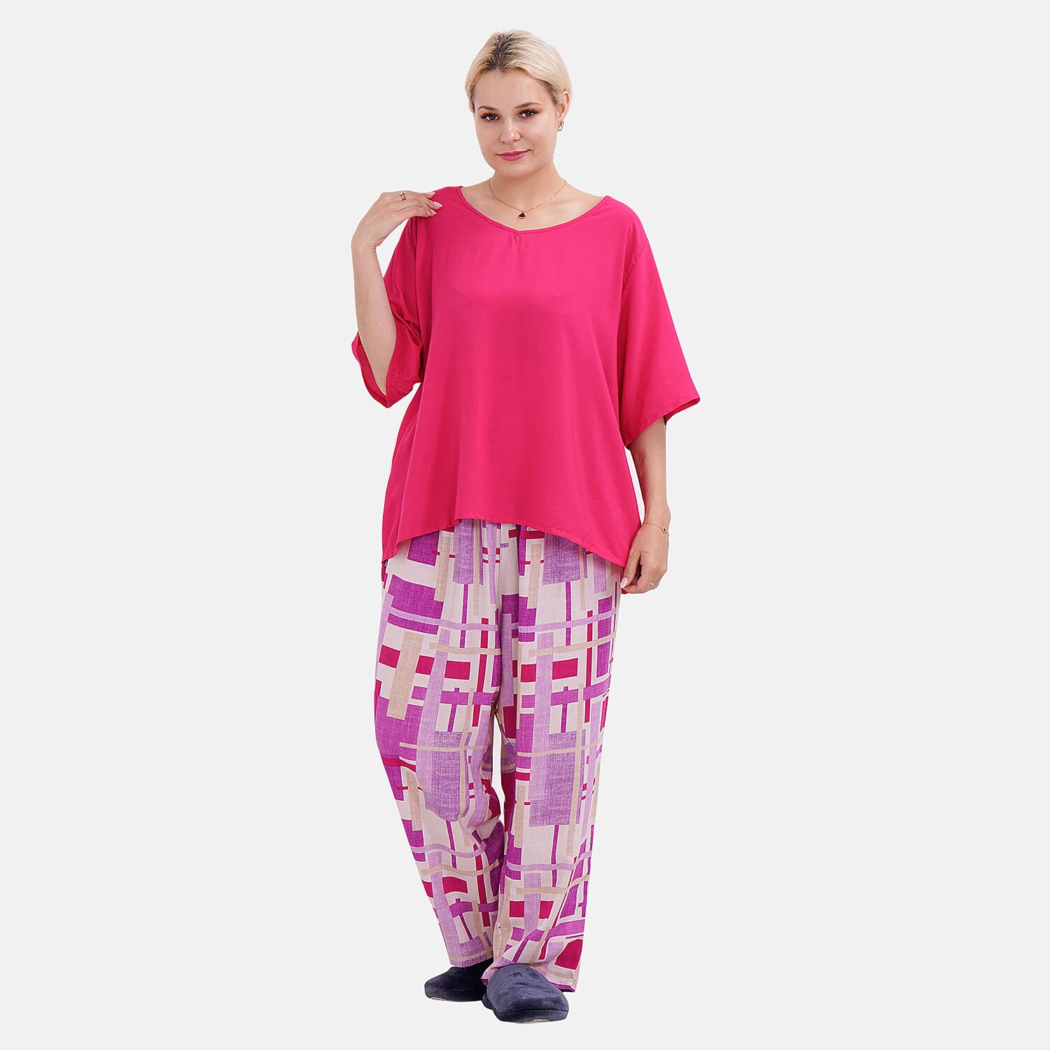 LA MAREY 100% Viscose Loungewear Sets (Short Sleeves Top with Patchwork Printed Trousers) - Purple - Multi (Size S)
