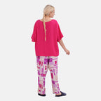 LA MAREY 100% Viscose Loungewear Sets (Short Sleeves Top with Patchwork Printed Trousers) - Purple - Multi (Size S)