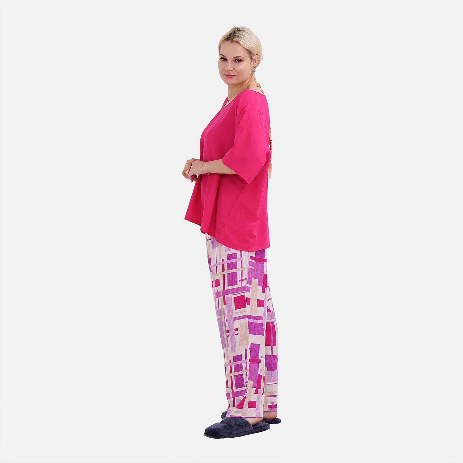 LA MAREY 100% Viscose Loungewear Sets (Short Sleeves Top with Patchwork Printed Trousers) - Purple - Multi (Size S)