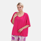 LA MAREY 100% Viscose Loungewear Sets (Short Sleeves Top with Patchwork Printed Trousers) - Purple - Multi (Size S)