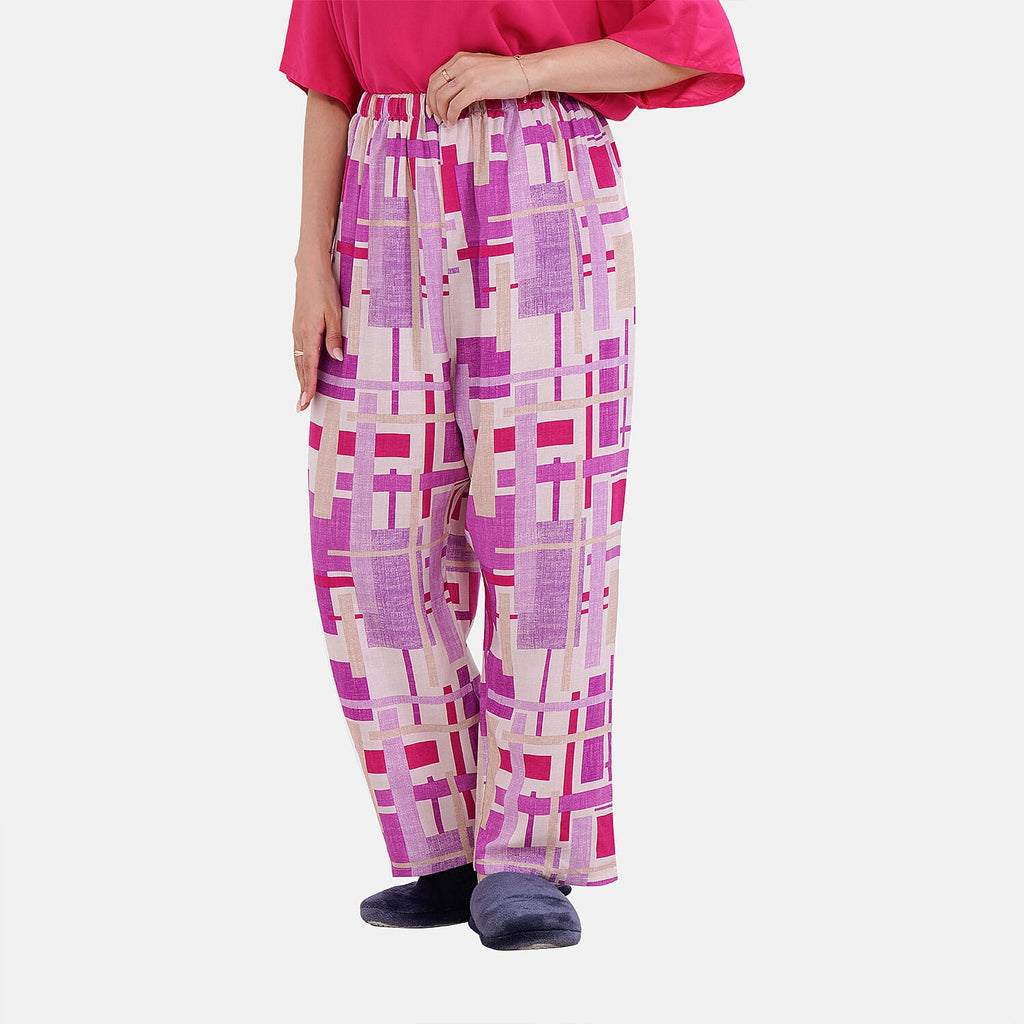 LA MAREY 100% Viscose Loungewear Sets (Short Sleeves Top with Patchwork Printed Trousers) - Purple - Multi (Size S)