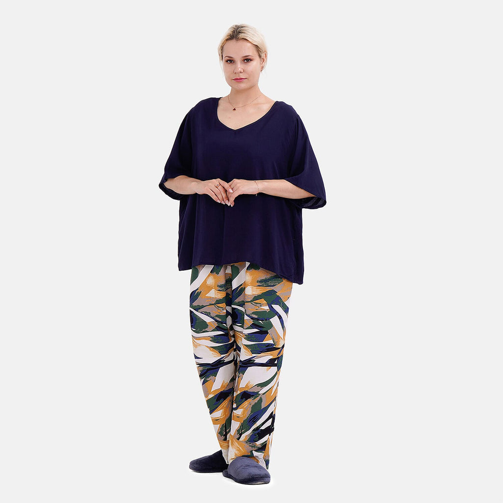 LA MAREY 100% Viscose Loungewear Sets (Short Sleeves Top with Art Printed Trousers) - Yellow - Black (Size M)