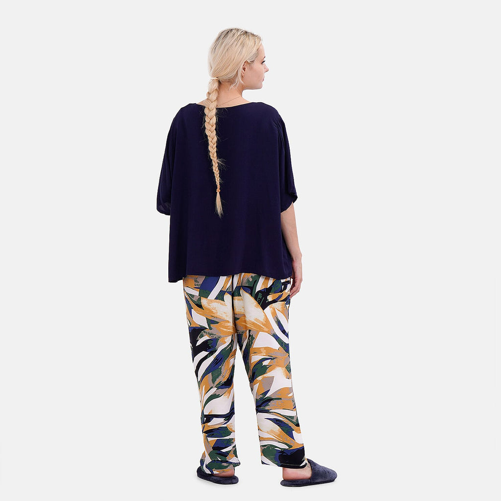 LA MAREY 100% Viscose Loungewear Sets (Short Sleeves Top with Art Printed Trousers) - Yellow - Black (Size M)