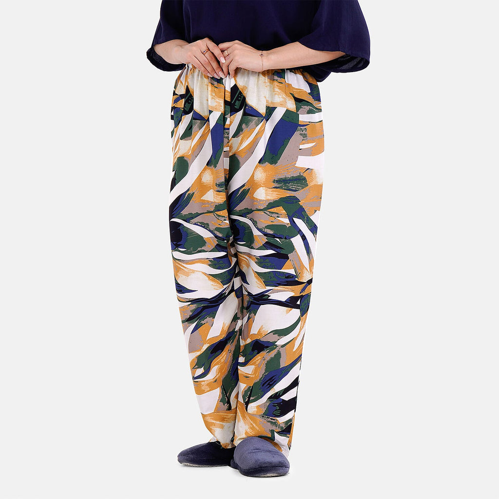 LA MAREY 100% Viscose Loungewear Sets (Short Sleeves Top with Art Printed Trousers) - Yellow - Black (Size M)