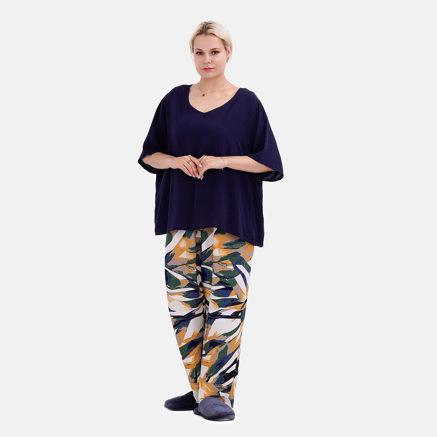 LA MAREY 100% Viscose Loungewear Sets (Short Sleeves Top with Art Printed Trousers) - Yellow - Black (Size XL)