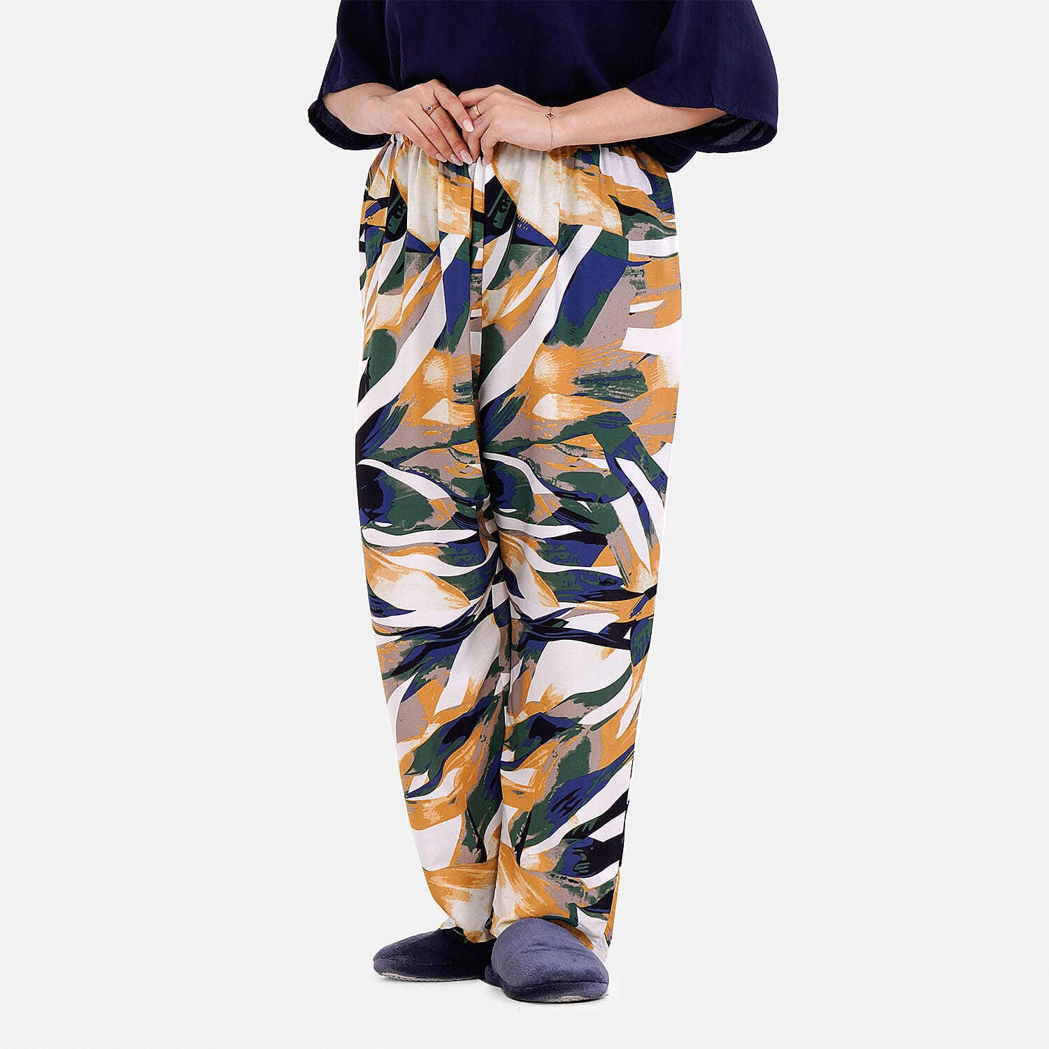 LA MAREY 100% Viscose Loungewear Sets (Short Sleeves Top with Art Printed Trousers) - Yellow - Black (Size XL)