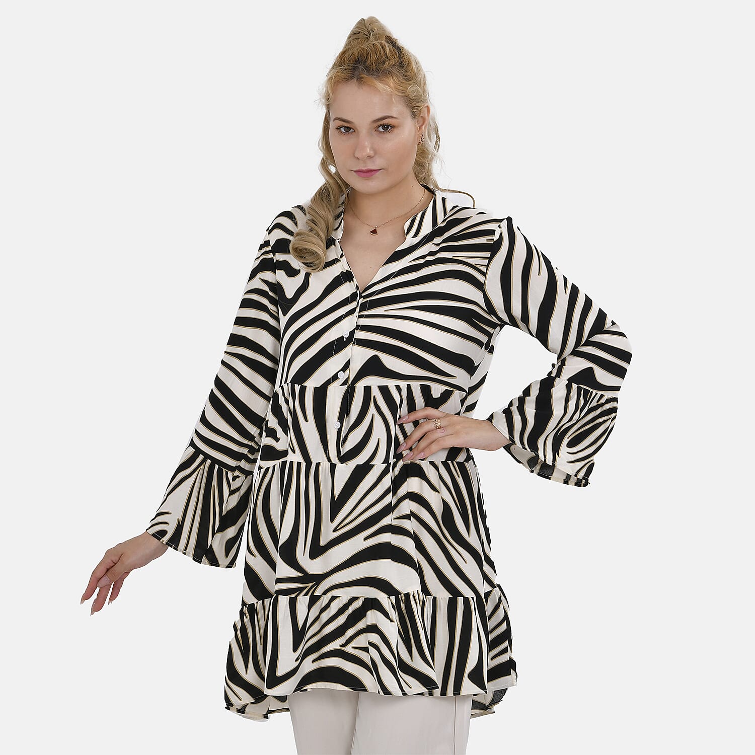 La Marey 100% Viscose Tree Pattern V-Neck Top (Size - S-M,10-14) - Black and White