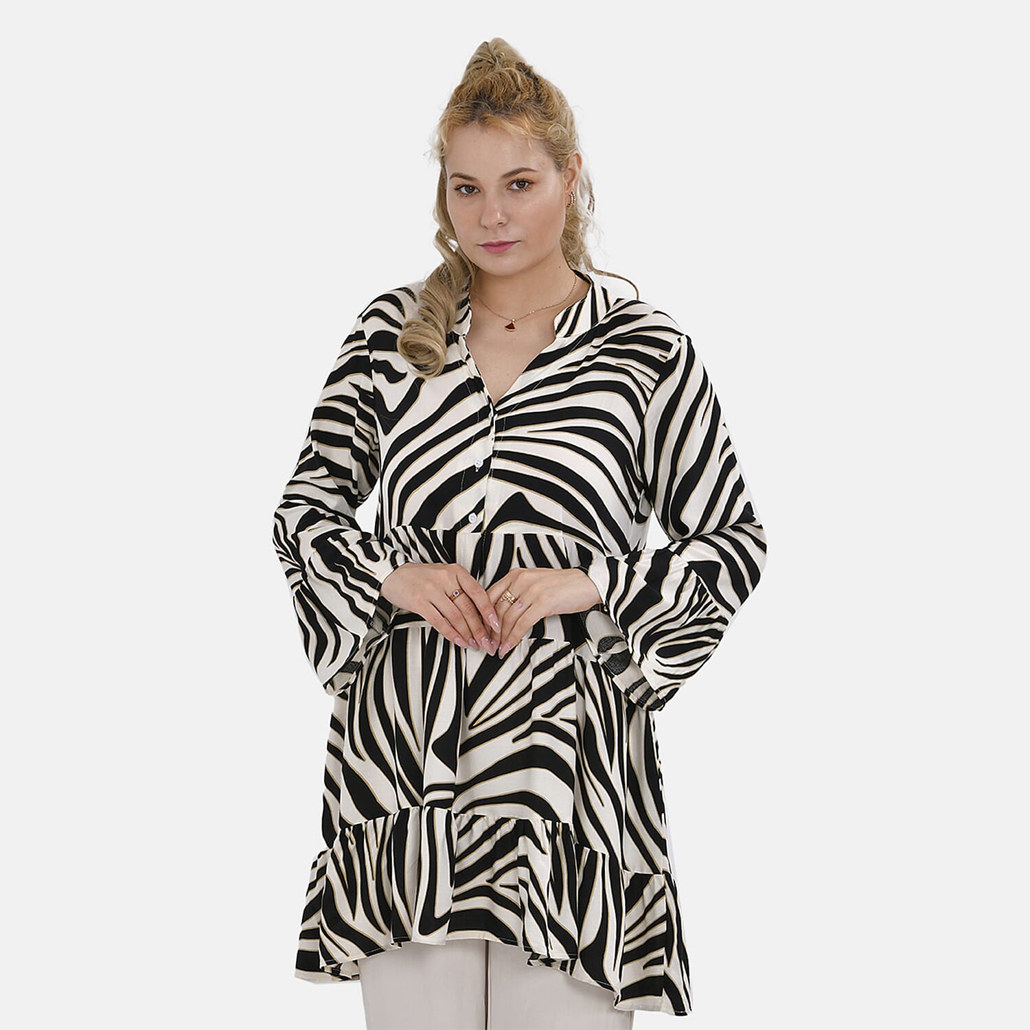 La Marey 100% Viscose Tree Pattern V-Neck Top (Size -  L-XL,16-20) - Black and White