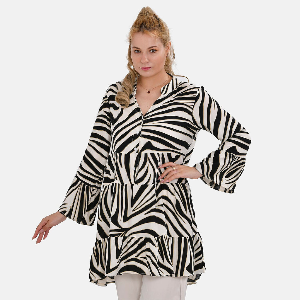 La Marey 100% Viscose Tree Pattern V-Neck Top (Size -  L-XL,16-20) - Black and White