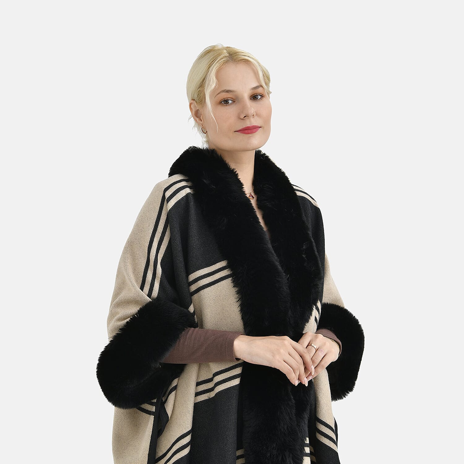 La Marey Faux Fur Trim Striped Poncho (One Size) - Black - White