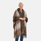 La Marey Faux Fur Trim Striped Poncho (One Size) - Brown - White