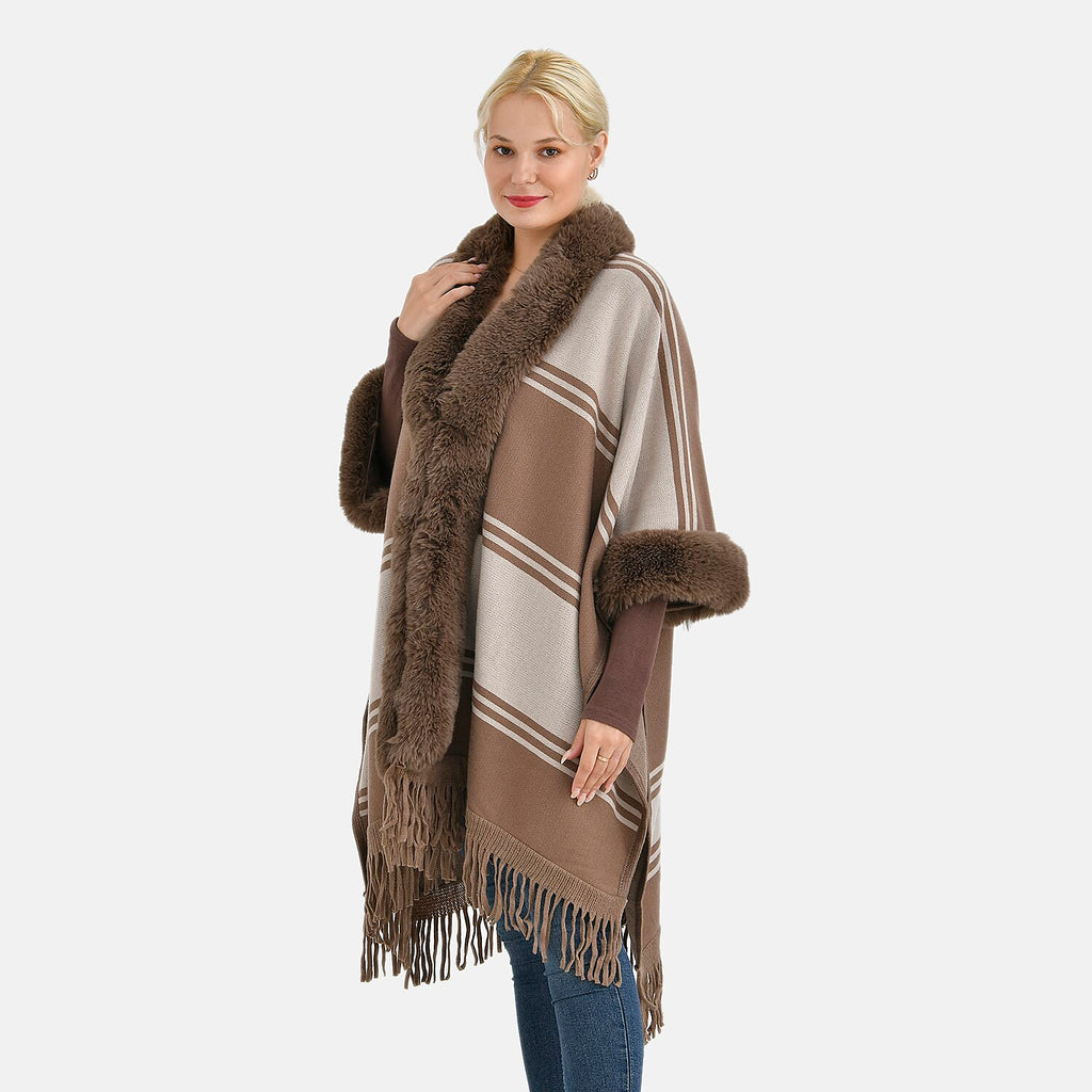 La Marey Faux Fur Trim Striped Poncho (One Size) - Brown - White
