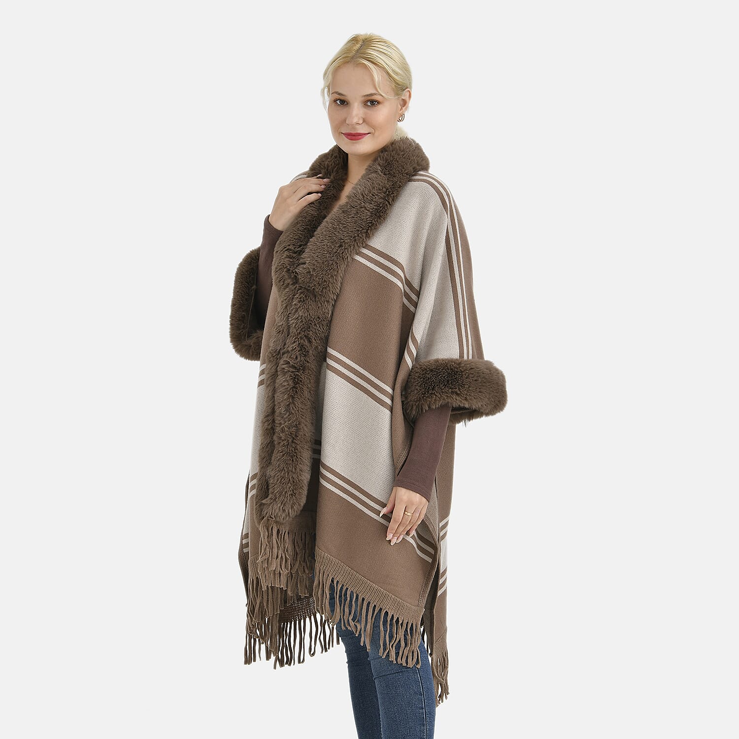 La Marey Faux Fur Trim Striped Poncho (One Size) - Brown - White