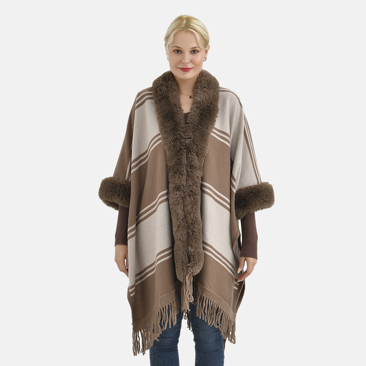 La Marey Faux Fur Trim Striped Poncho (One Size) - Brown - White
