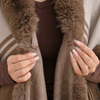 La Marey Faux Fur Trim Striped Poncho (One Size) - Brown - White