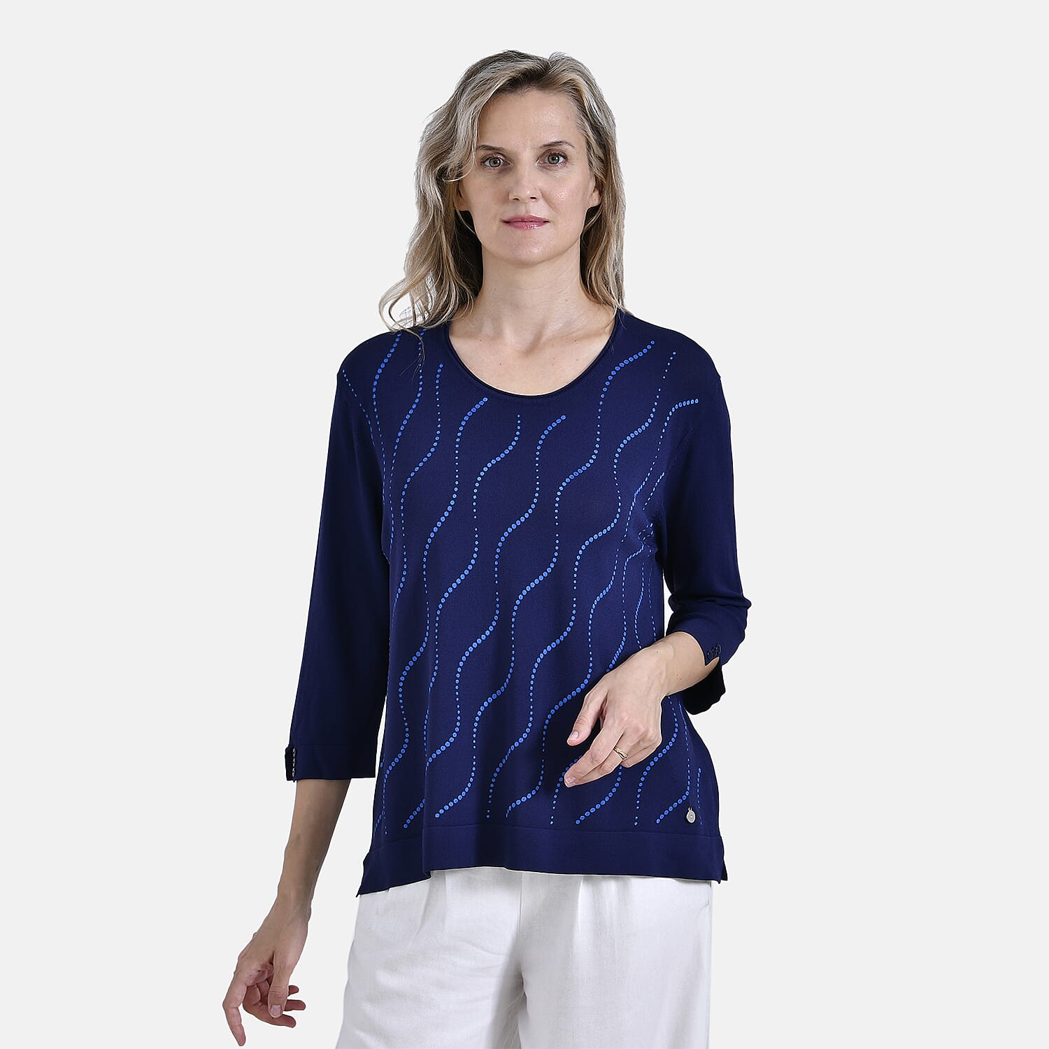 La Marey Wavy Pattern Three-Quarter Sleeve Blouse (Size XL) - Midnight Navy