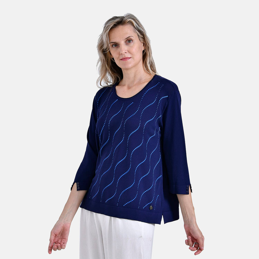 La Marey Wavy Pattern Three-Quarter Sleeve Blouse (Size XL) - Midnight Navy