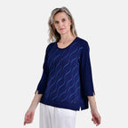 La Marey Wavy Pattern Three-Quarter Sleeve Blouse (Size XL) - Midnight Navy