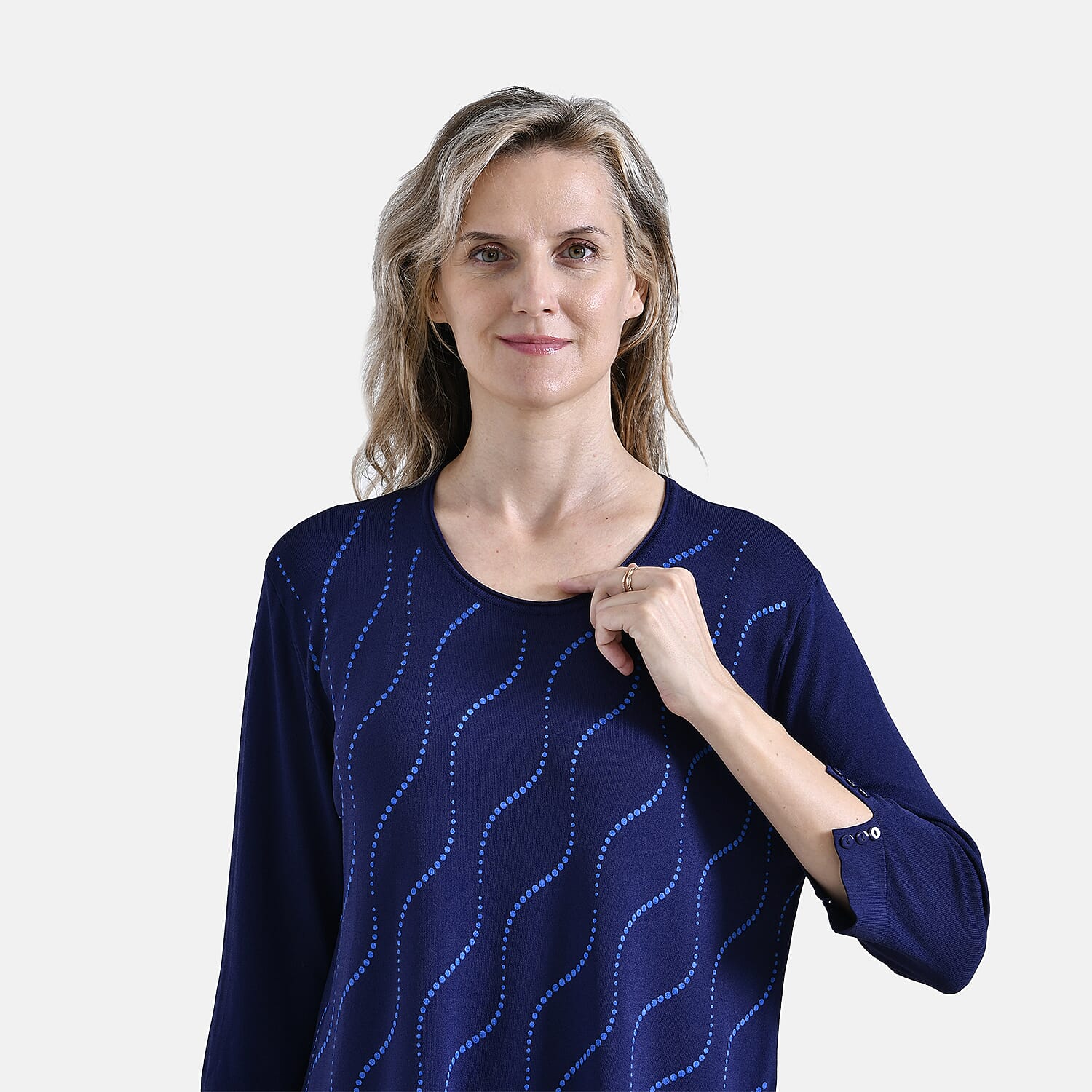 La Marey Wavy Pattern Three-Quarter Sleeve Blouse (Size XL) - Midnight Navy