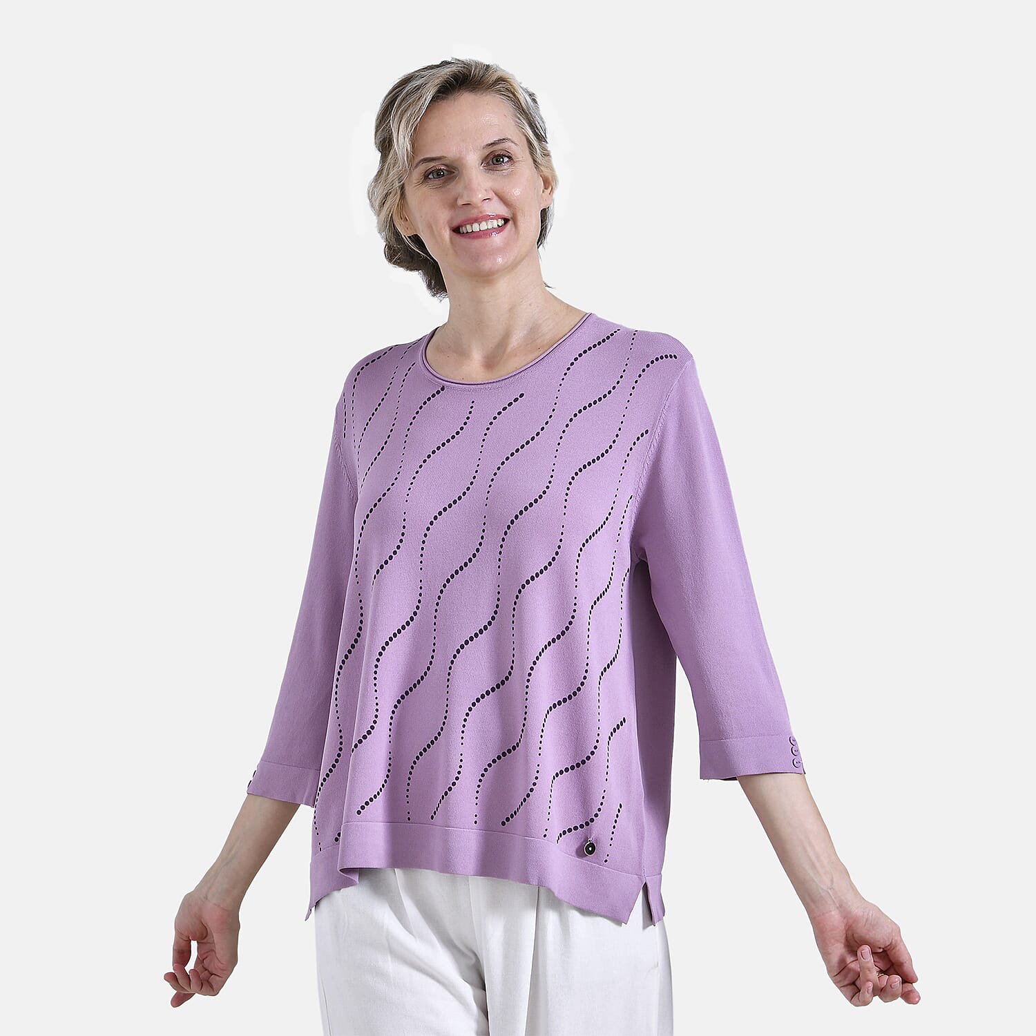 La Marey Wavy Pattern Three-Quarter Sleeve Blouse (Size XXL) - Purple