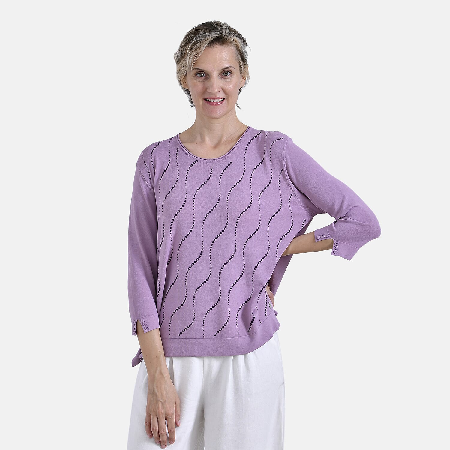 La Marey Wavy Pattern Three-Quarter Sleeve Blouse (Size XXL) - Purple
