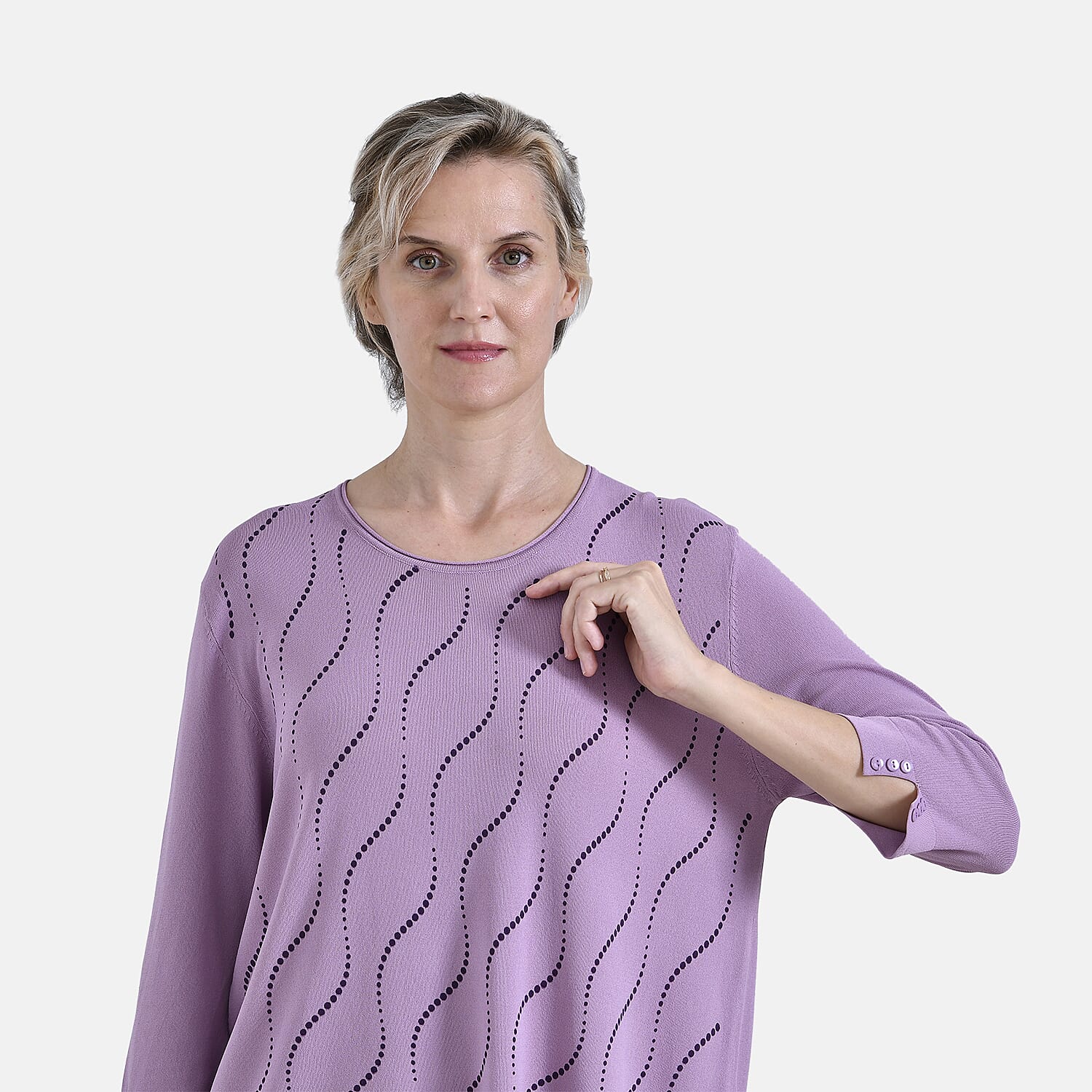 La Marey Wavy Pattern Three-Quarter Sleeve Blouse (Size XXL) - Purple