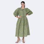La Marey Womens Hand Block Print Cotton Dress (Size S) - Green