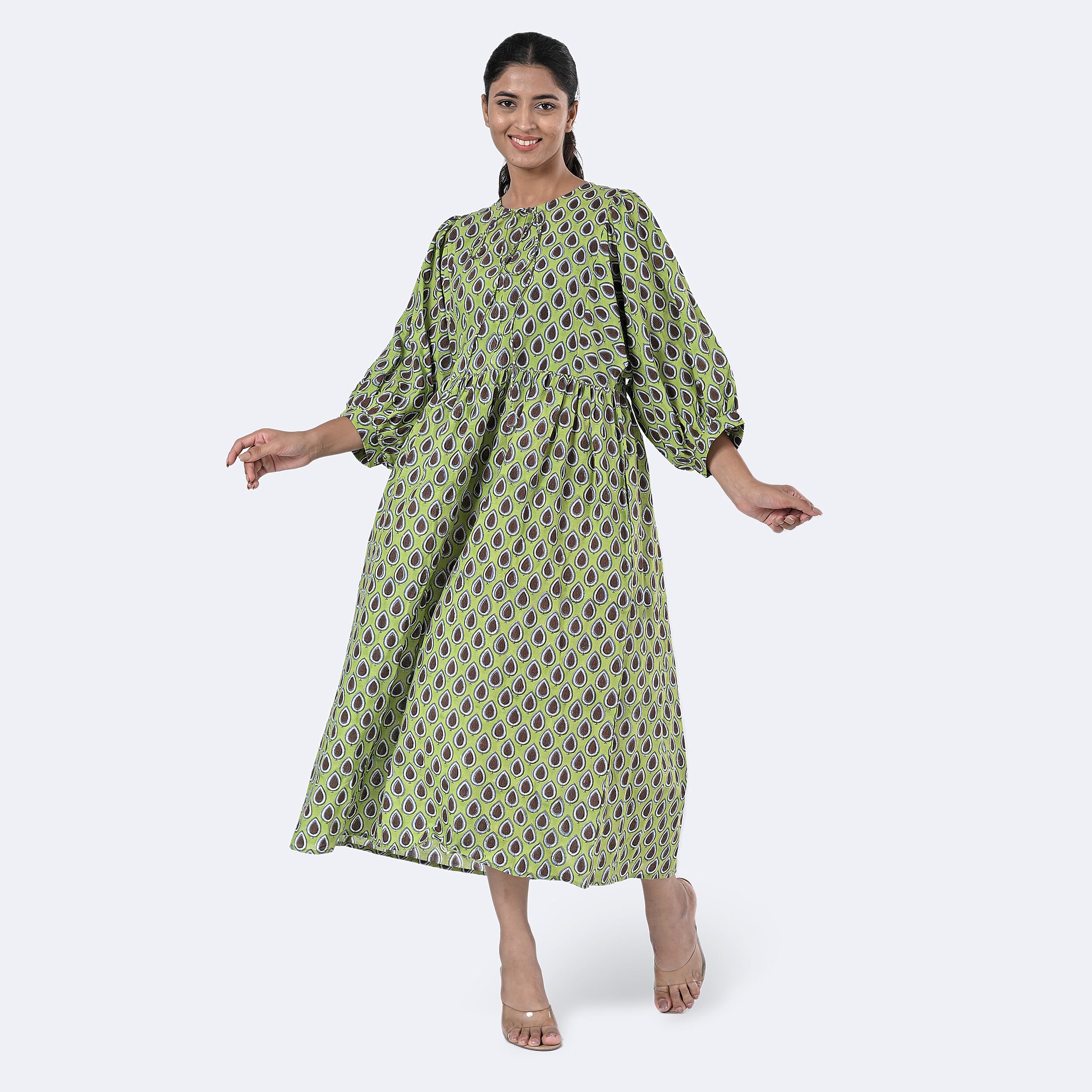 La Marey Womens Hand Block Print Cotton Dress (Size S) - Green
