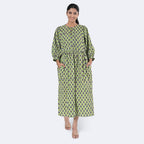 La Marey Womens Hand Block Print Cotton Dress (Size S) - Green