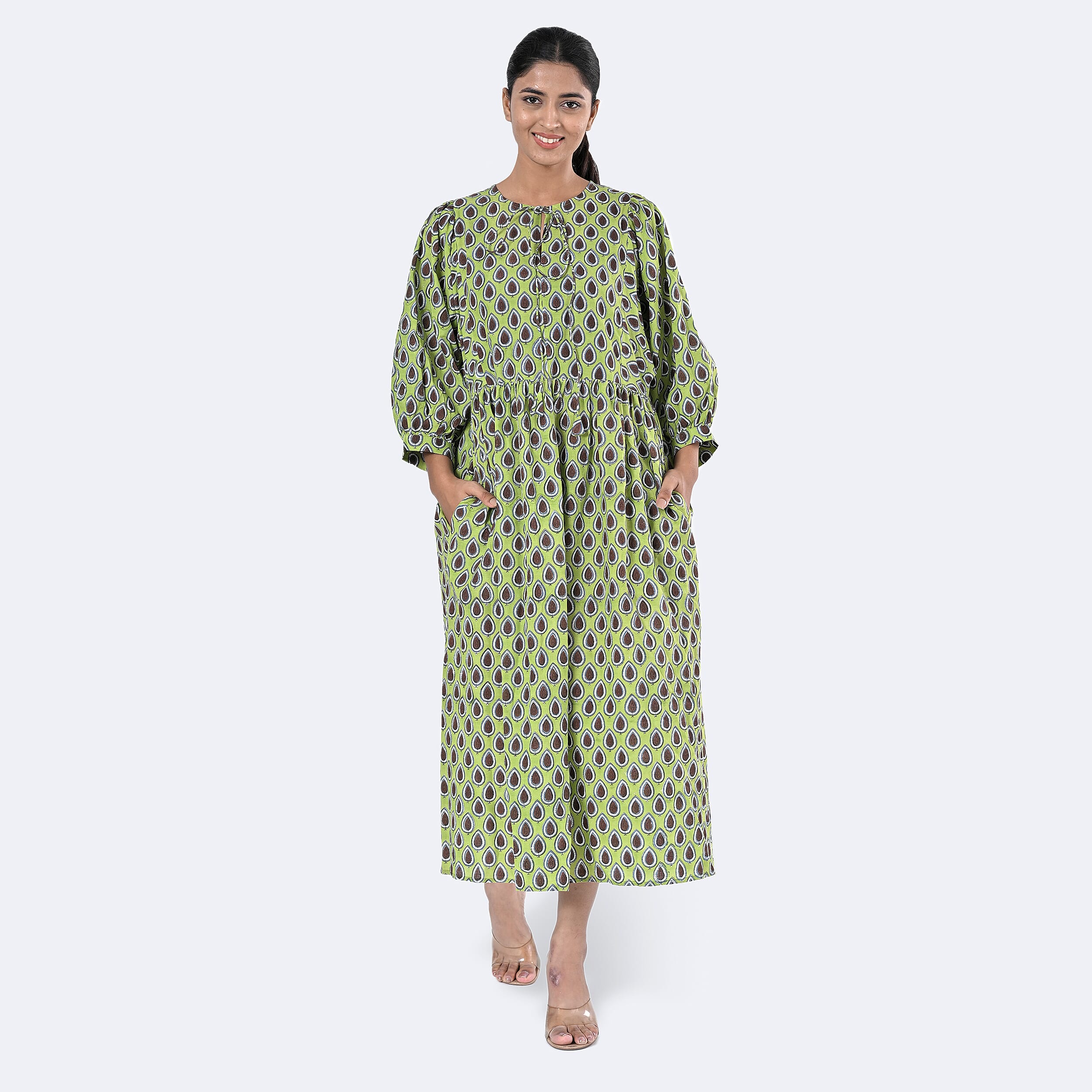 La Marey Womens Hand Block Print Cotton Dress (Size S) - Green