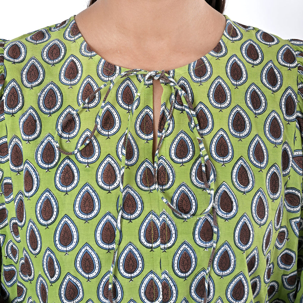La Marey Womens Hand Block Print Cotton Dress (Size S) - Green