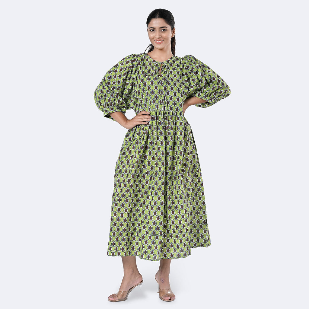 La Marey Womens Hand Block Print Cotton Dress (Size XXL) - Green