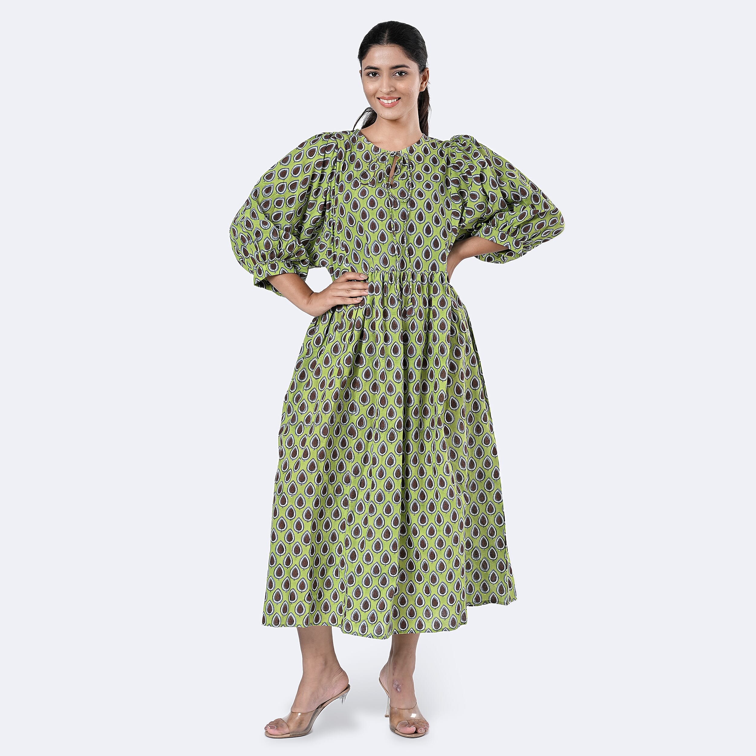 La Marey Womens Hand Block Print Cotton Dress (Size XXL) - Green