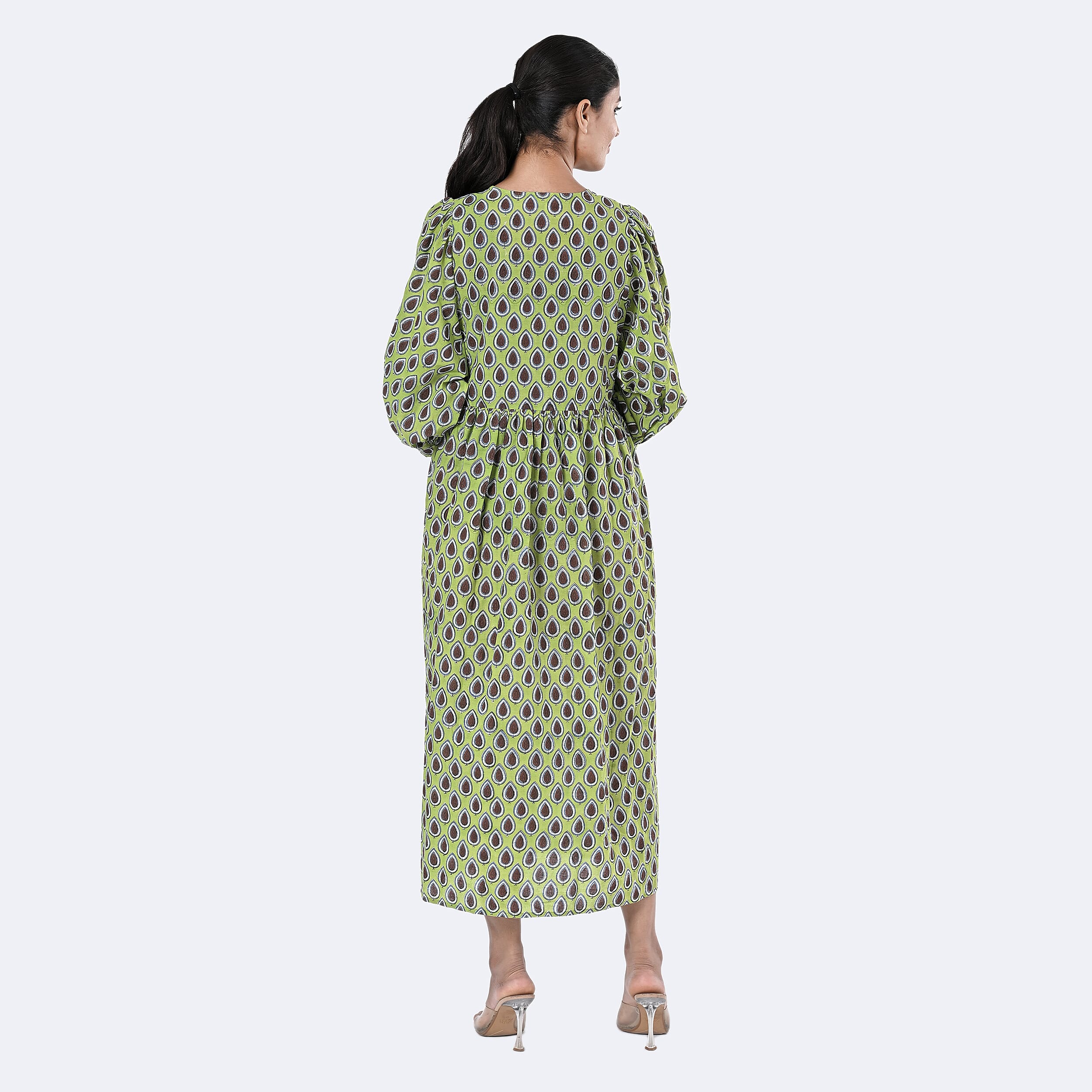 La Marey Womens Hand Block Print Cotton Dress (Size XXL) - Green