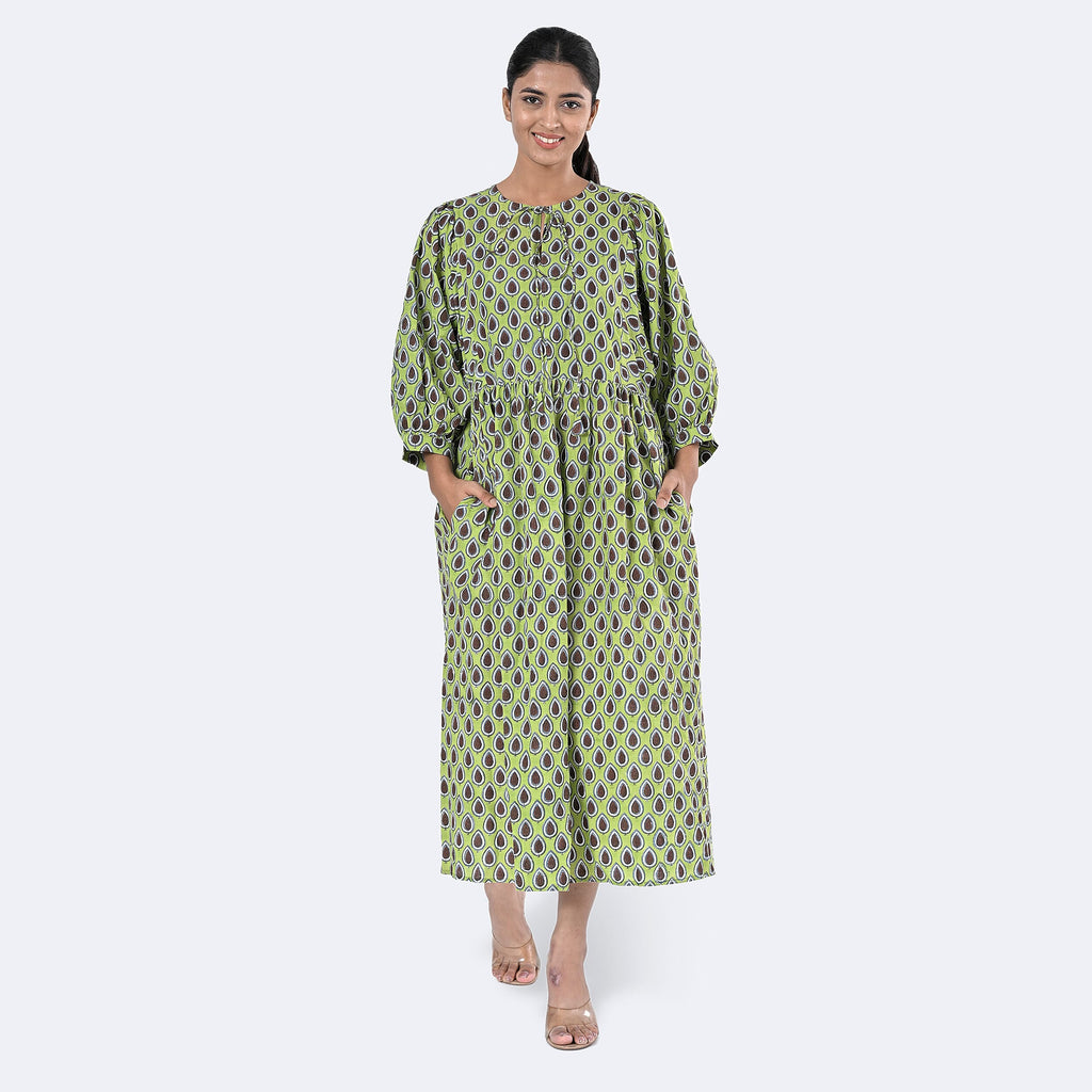 La Marey Womens Hand Block Print Cotton Dress (Size XXL) - Green