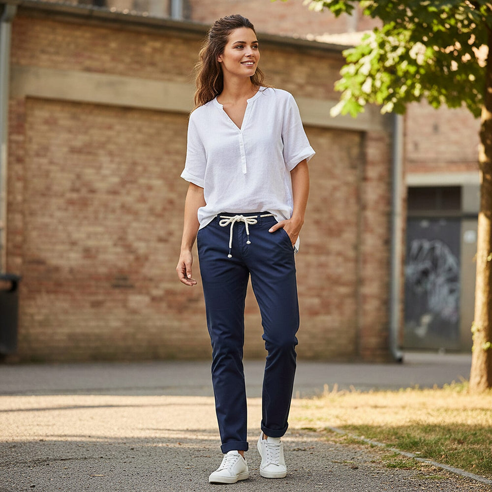 Ladies Cotton Blend Trousers with Rope Belt (Size - L) - Blue
