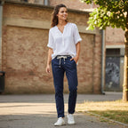 Ladies Cotton Blend Trousers with Rope Belt (Size - L) - Blue
