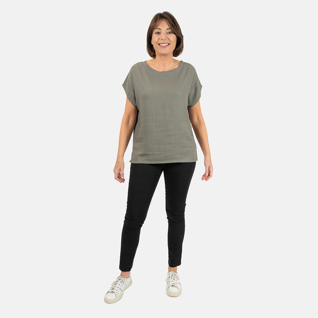 Ladies Crew Neck Linen Top (Size 14) - Khaki