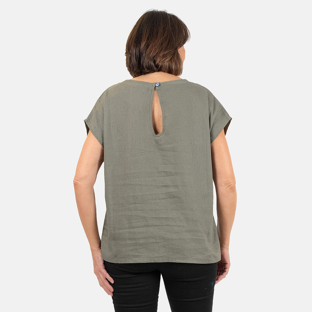 Ladies Crew Neck Linen Top (Size 14) - Khaki